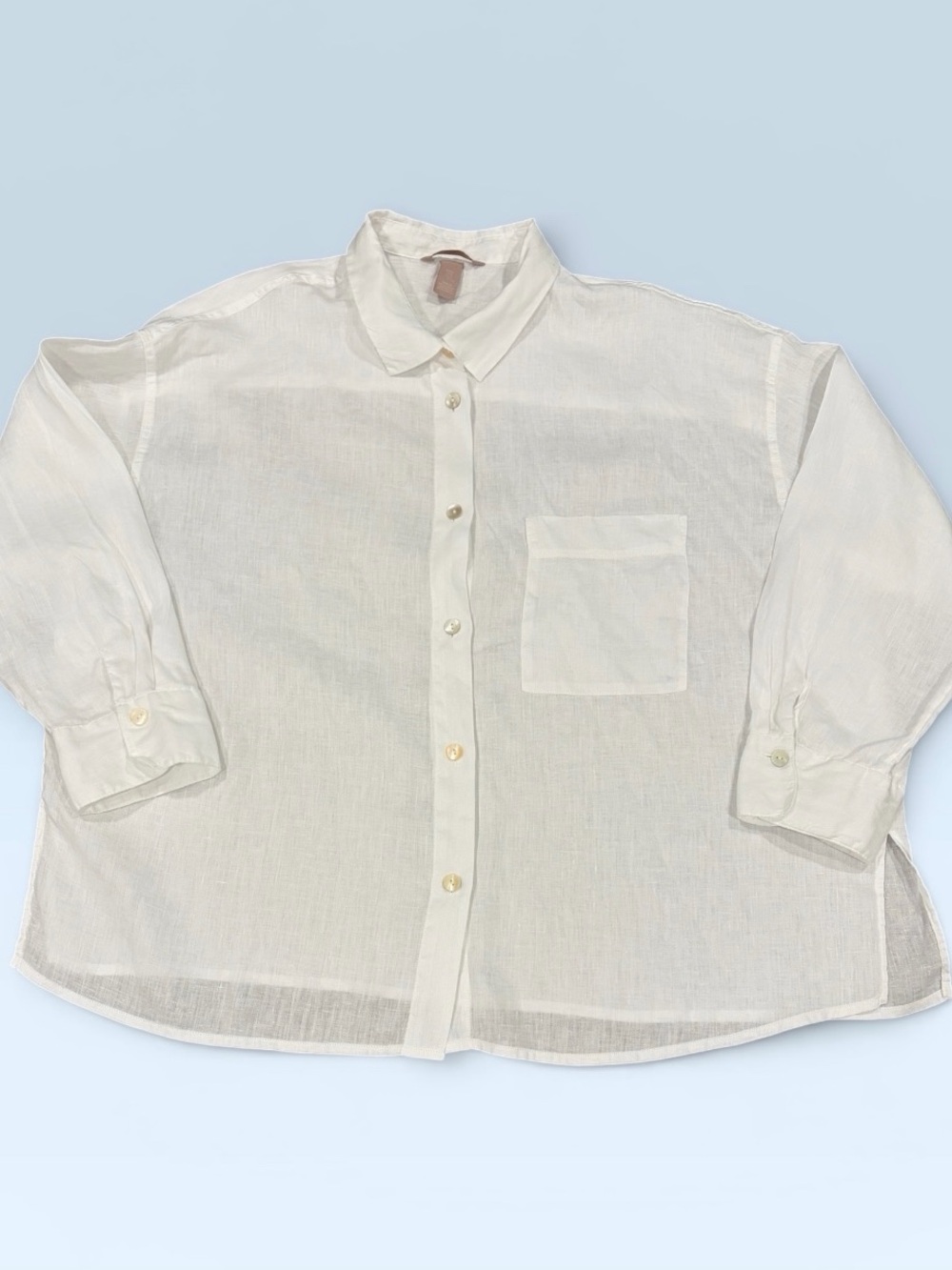 H&M White Linen-Blend Casual Button-Down Shirt 3/4 Sleeve Size XL